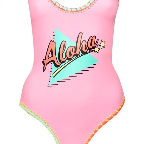 TOPSHOP NEON PINK ALOHA ONE PIECE SWIMSUIT - Picture 3 of 5